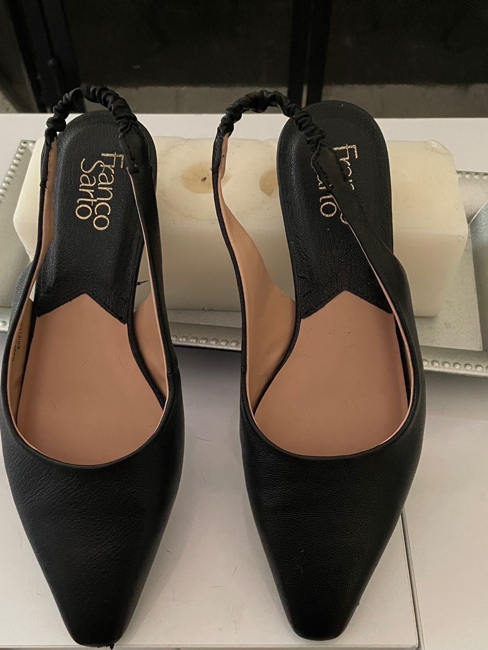 Franco Sarto Black Pointed Slingback Flats with Elastic Strap